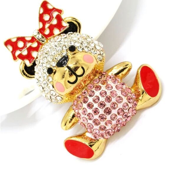 Pink Enamel Cute Bow Bear Crystal Charm Brooch NWOT - Picture 3 of 3